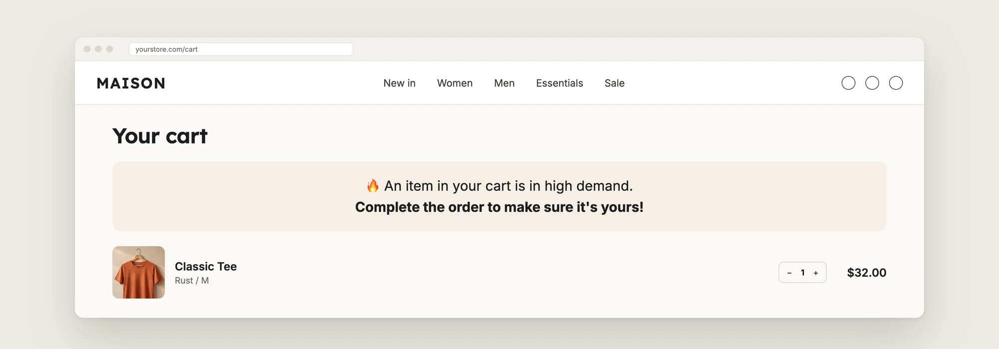 Close-up of a cart page with the cart urgency message above the cart items, reading "An item in your cart is in high demand. Complete the order to make sure it's yours!"