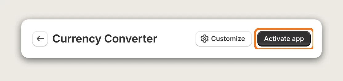 Vitals Currency Converter page header with the Activate app button highlighted