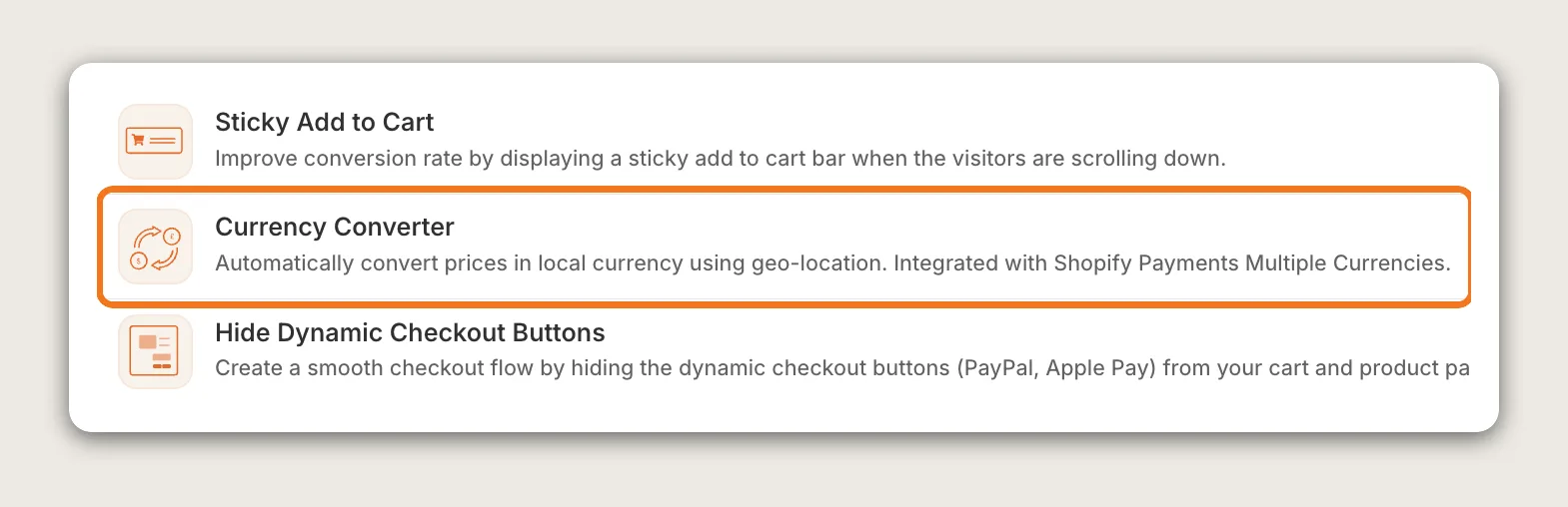 Vitals apps list with the Currency Converter row highlighted