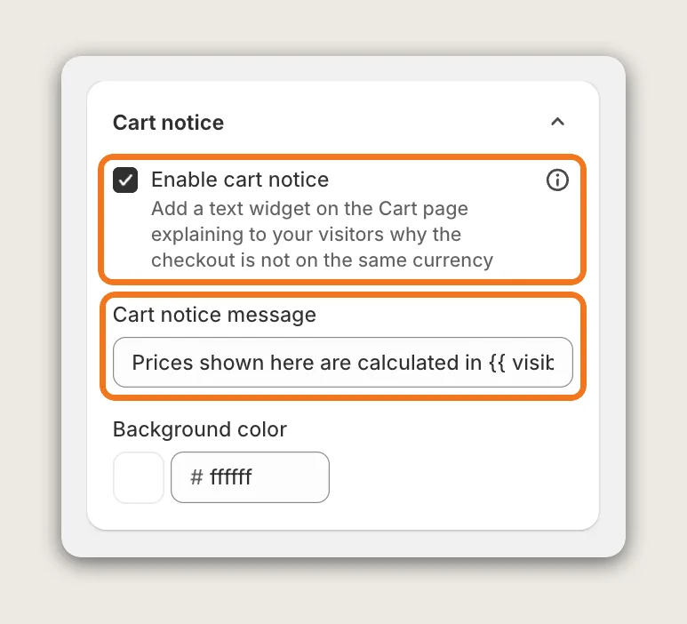 Vitals Currency Converter Cart notice card with Enable cart notice ticked and the Cart notice message field highlighted
