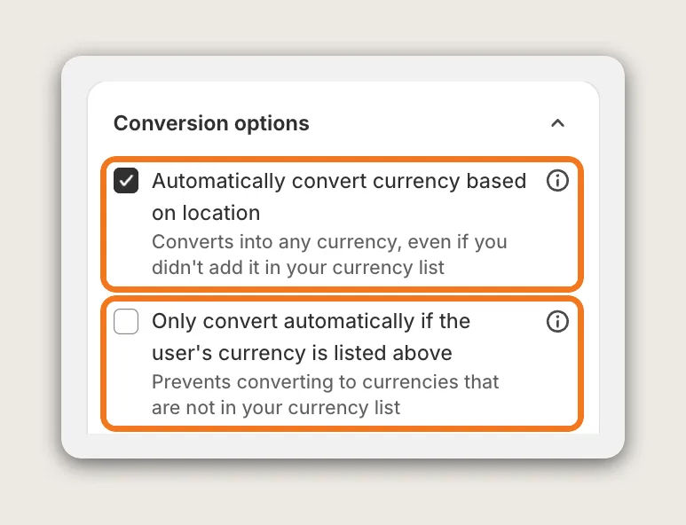 Vitals Currency Converter Conversion options card with Automatically convert currency based on location and Only convert automatically if the user's currency is listed above highlighted
