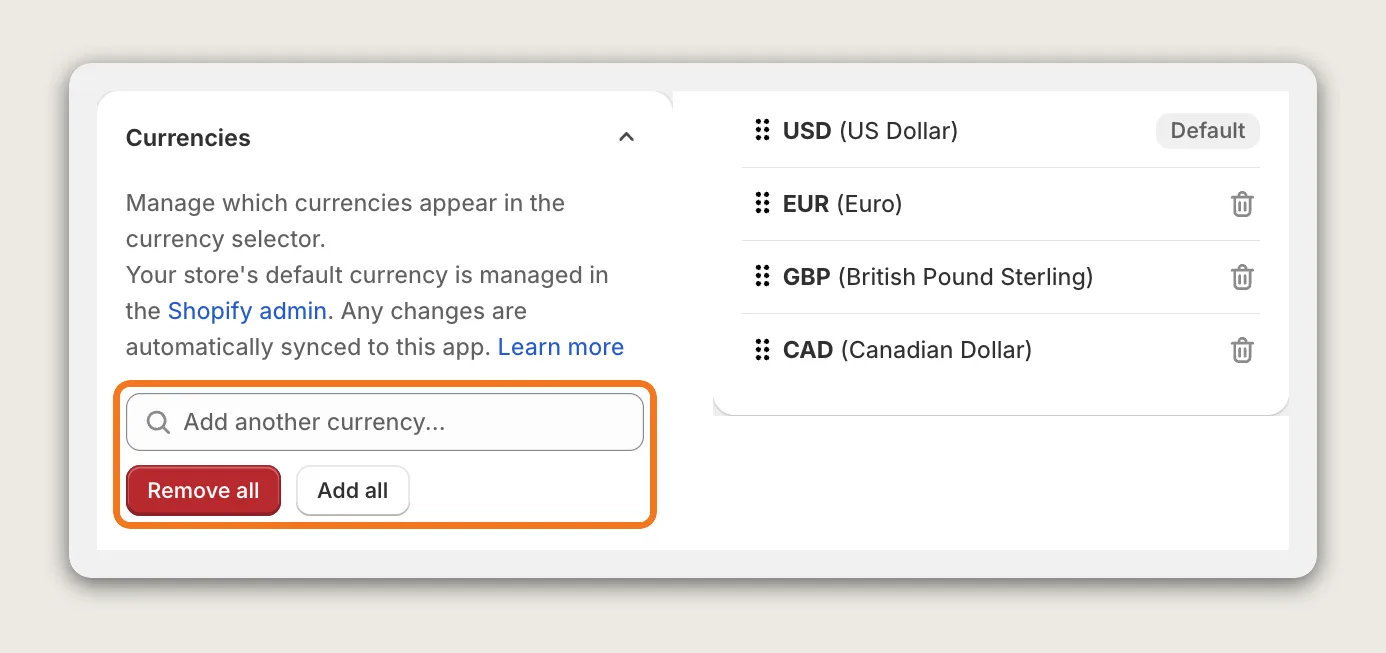 Vitals Currency Converter Currencies card with the Add another currency field, Remove all and Add all highlighted, next to USD as Default, EUR, GBP and CAD