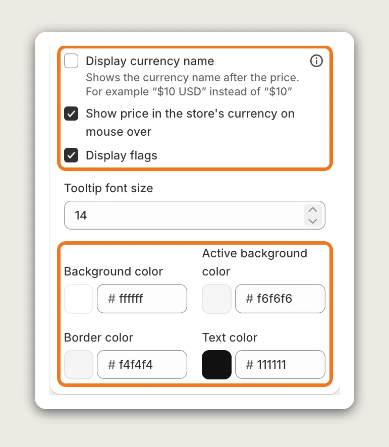 Vitals Currency Converter Display settings card with Display currency name, Show price in the store's currency on mouse over, Display flags and the four color fields highlighted