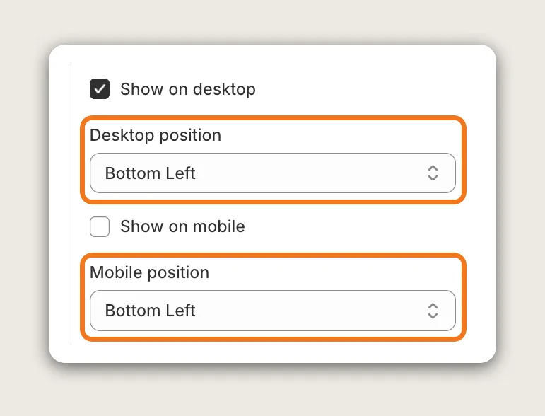 Vitals Currency Converter Display settings card with Desktop position and Mobile position highlighted, both set to Bottom Left