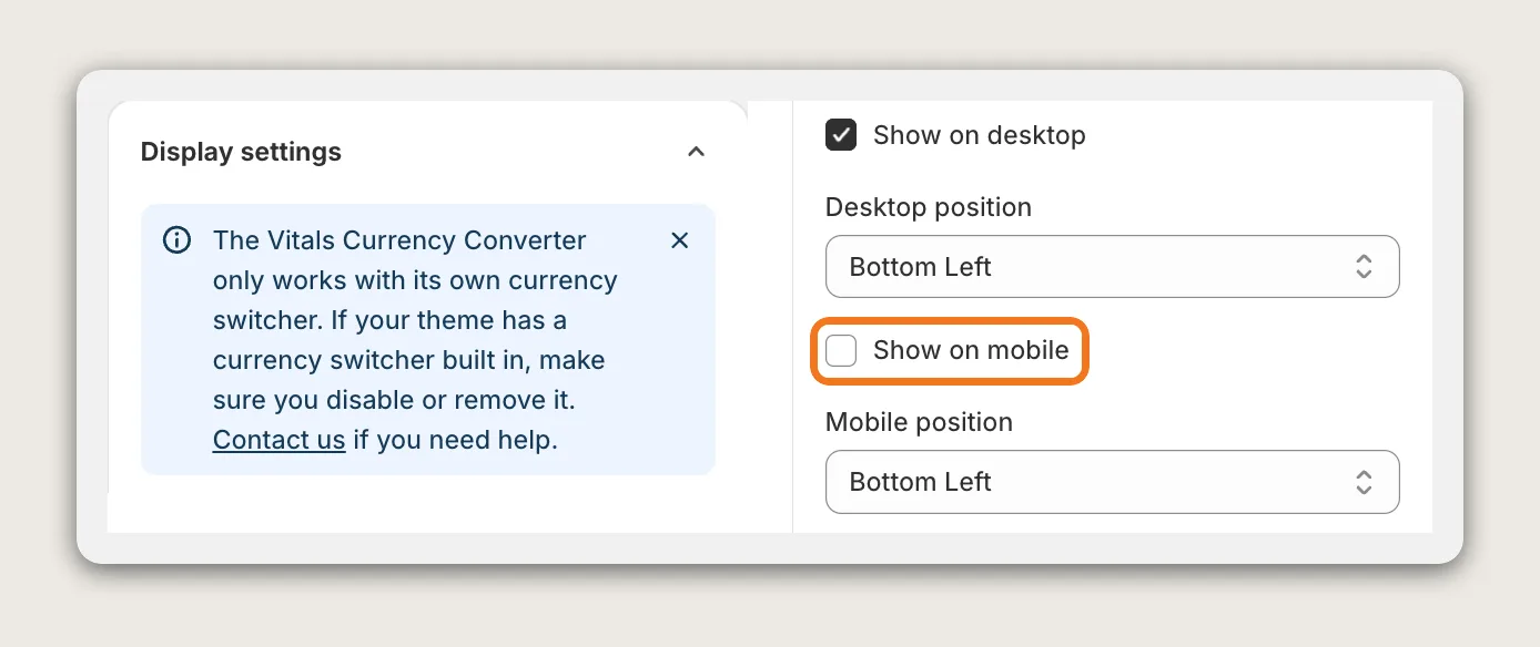 Vitals Currency Converter Display settings card with the Show on mobile checkbox highlighted