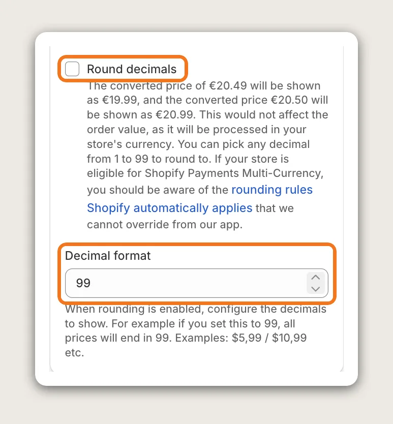 Vitals Currency Converter Conversion options card with the Round decimals checkbox and the Decimal format field set to 99 highlighted