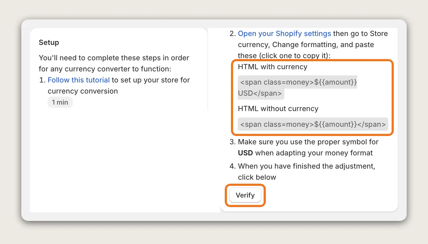 Vitals Currency Converter Setup card with the HTML with currency and HTML without currency formats and the Verify button highlighted