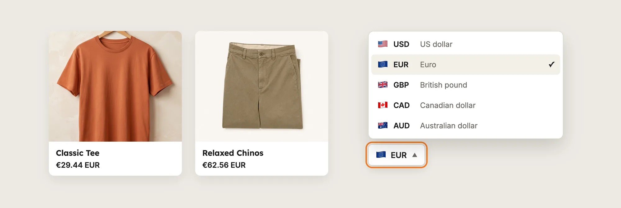Two product cards with prices in euros next to an open currency switcher listing US dollar, Euro, British pound, Canadian dollar and Australian dollar with flags