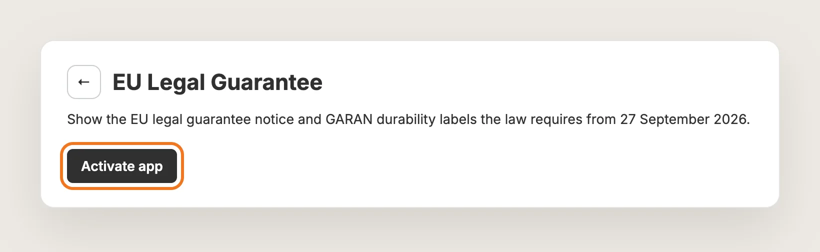 Vitals EU Legal Guarantee app page with the Activate app button highlighted