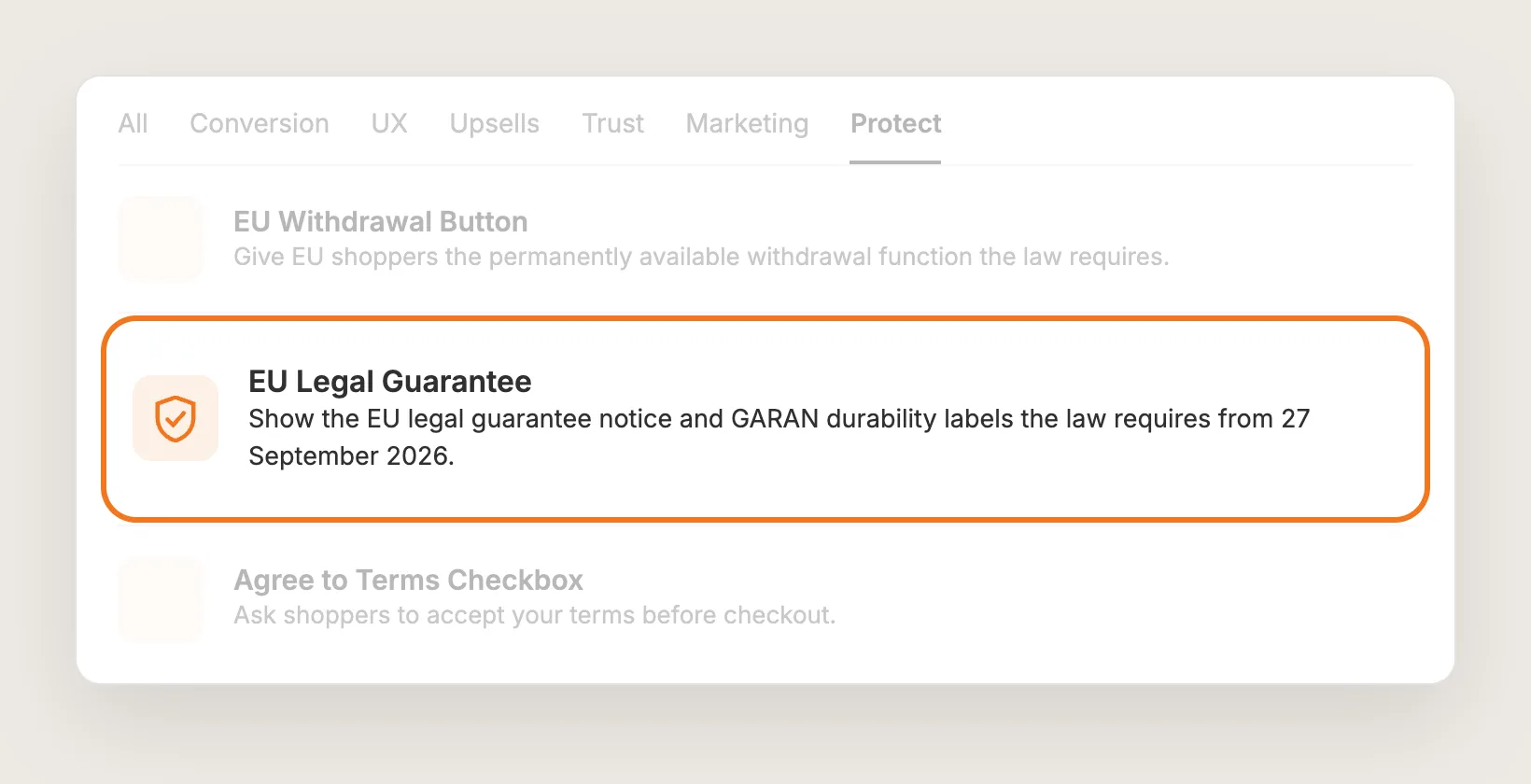 Vitals apps list on the Protect tab with the EU Legal Guarantee row highlighted