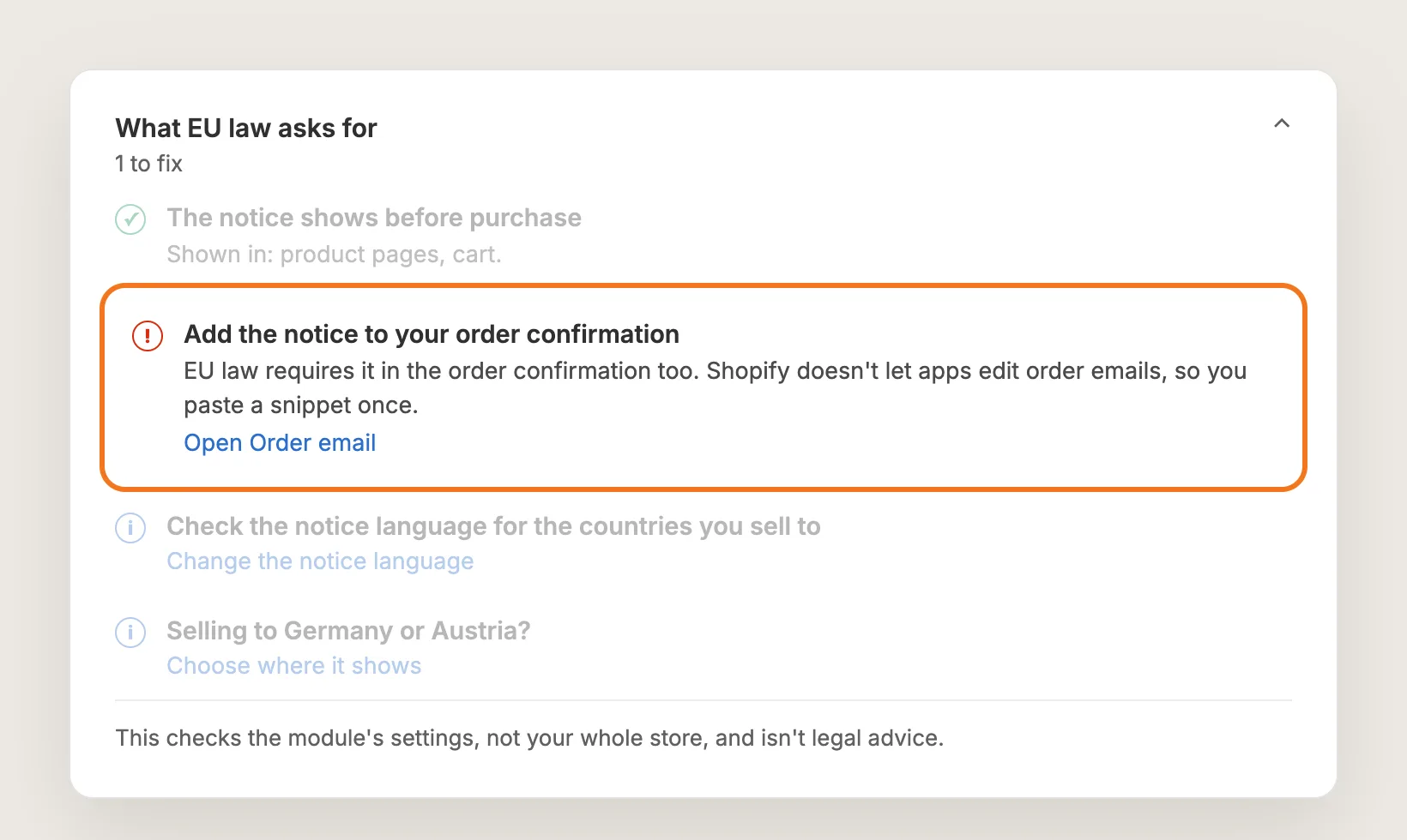 What EU law asks for checklist with the red row "Add the notice to your order confirmation" highlighted