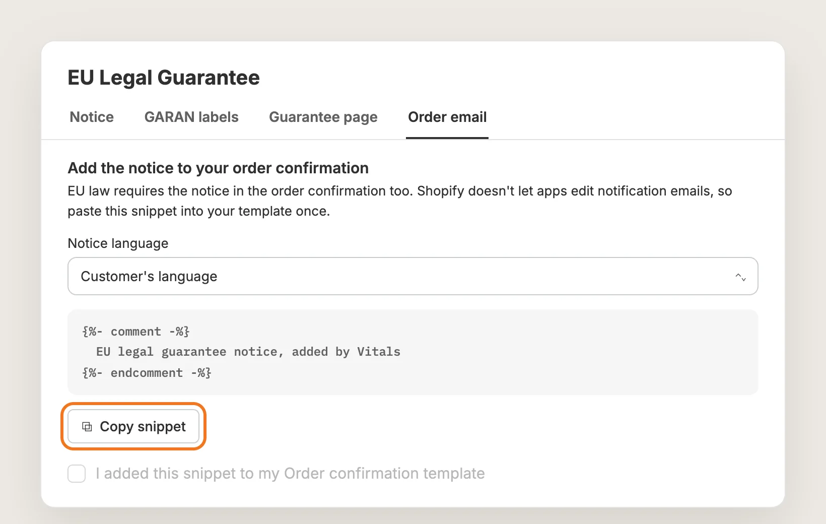 Order email tab with the Notice language field and the Copy snippet button highlighted
