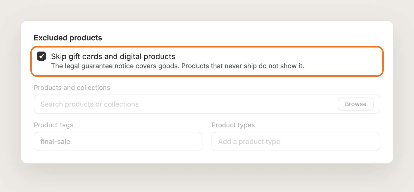 Excluded products card with Skip gift cards and digital products highlighted