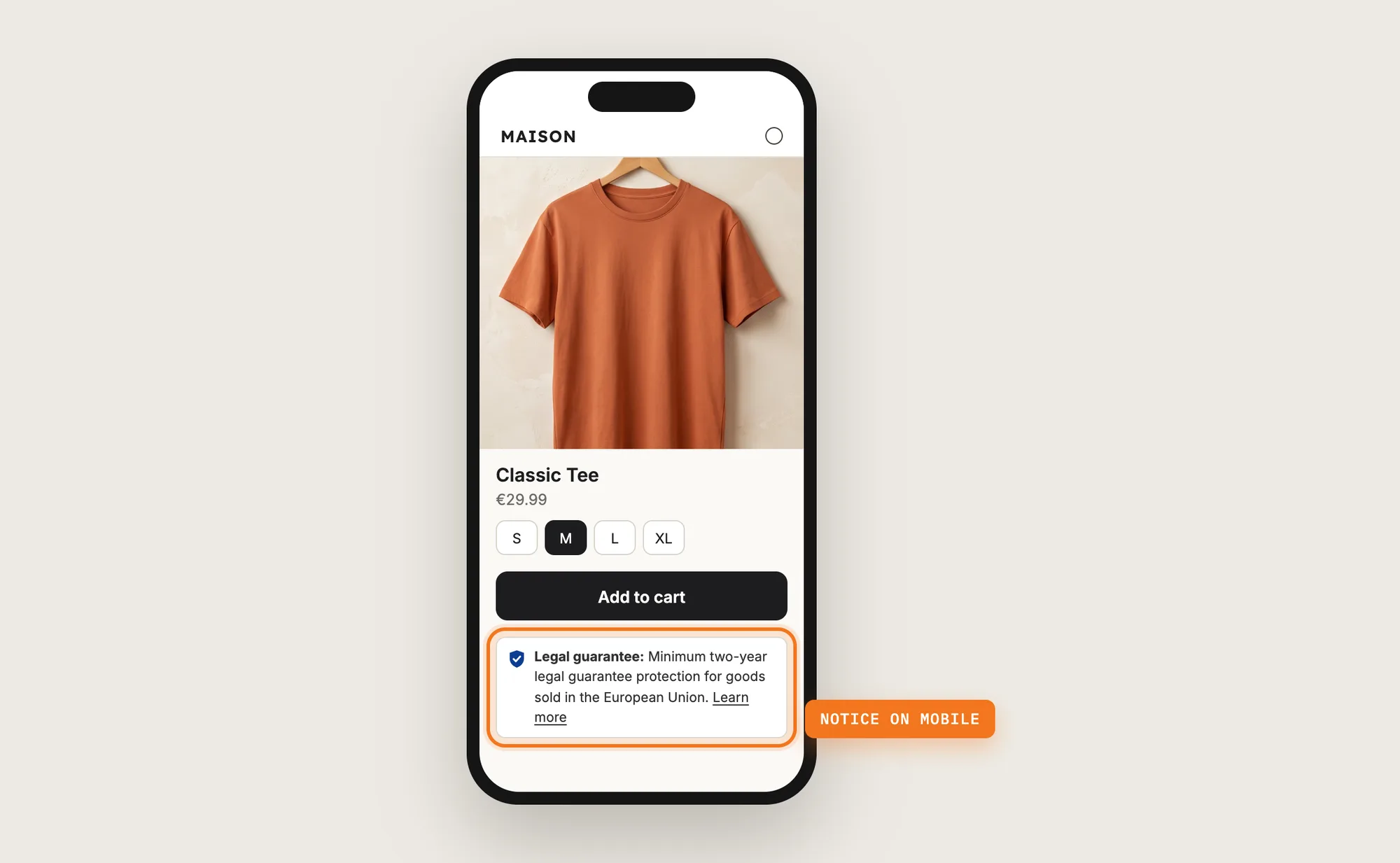 A phone showing a product page with the EU legal guarantee notice under the Add to cart button