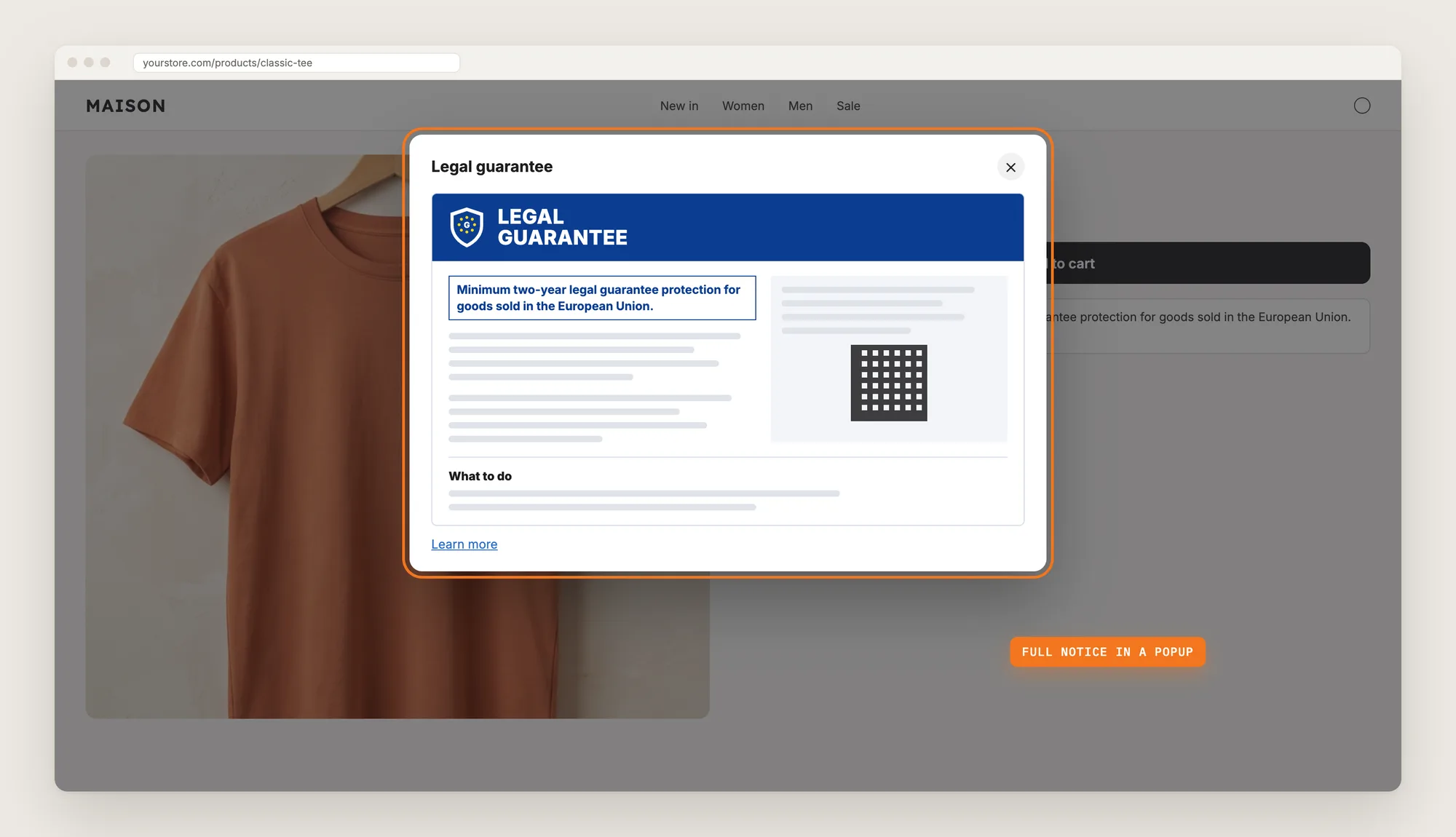 A product page with the full EU legal guarantee notice open in a popup