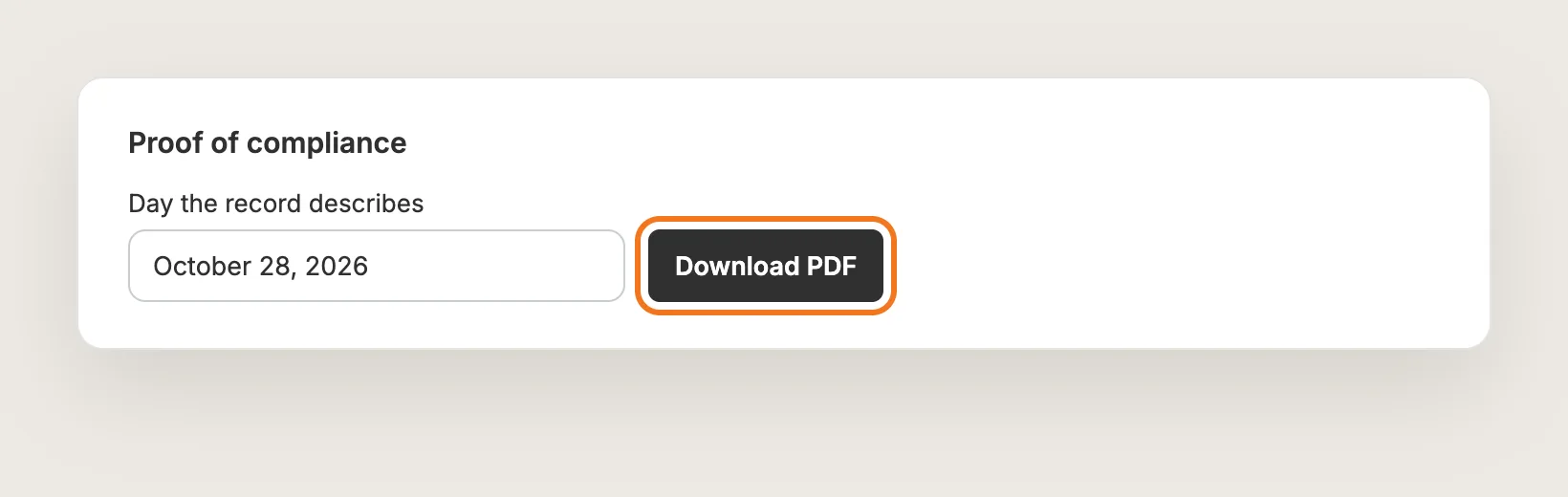 Proof of compliance card with the Download PDF button highlighted