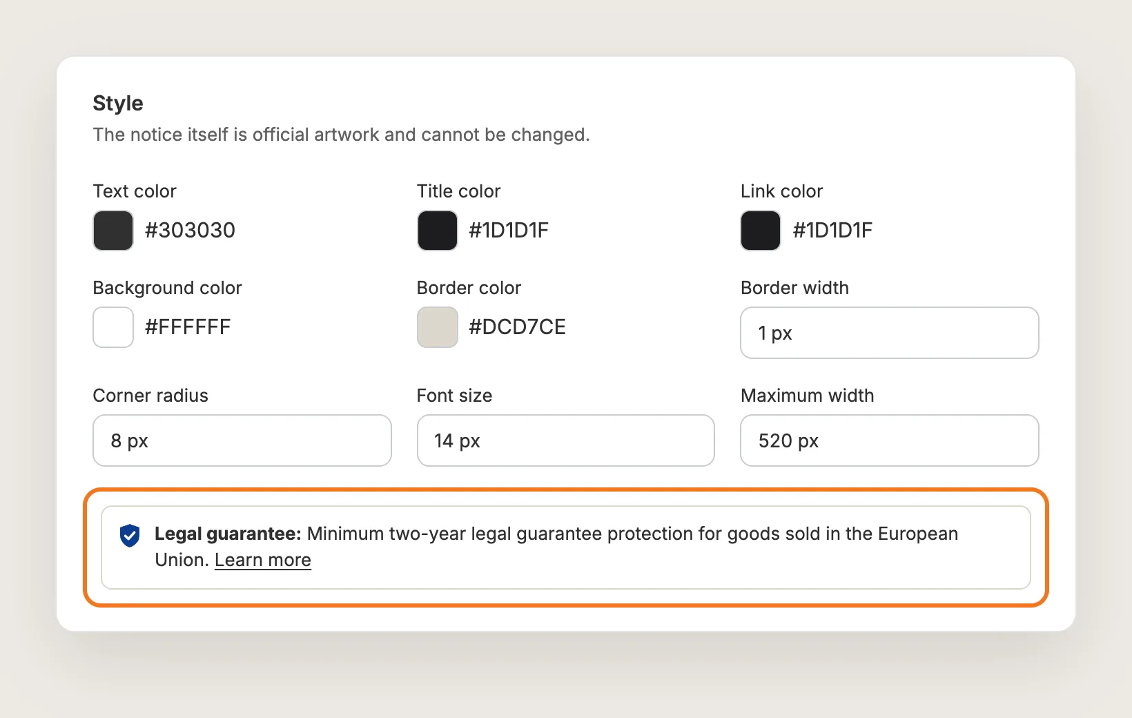 Style card with color, border, font size and width fields above a preview of the notice line