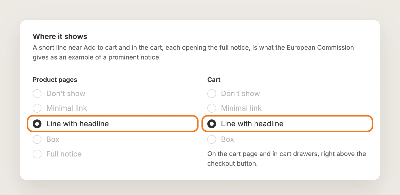 Where it shows card with Line with headline selected for Product pages and for Cart