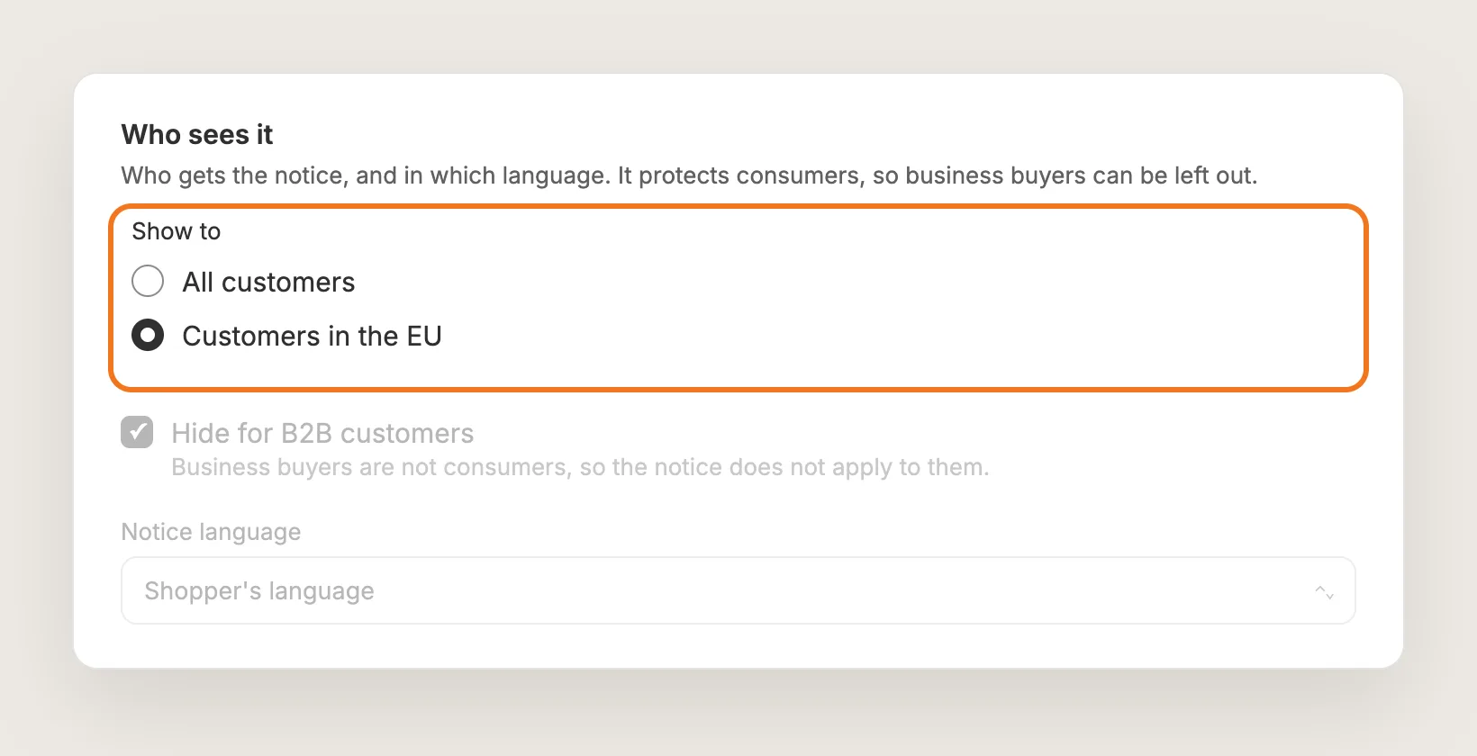 Who sees it card with Show to set to Customers in the EU highlighted
