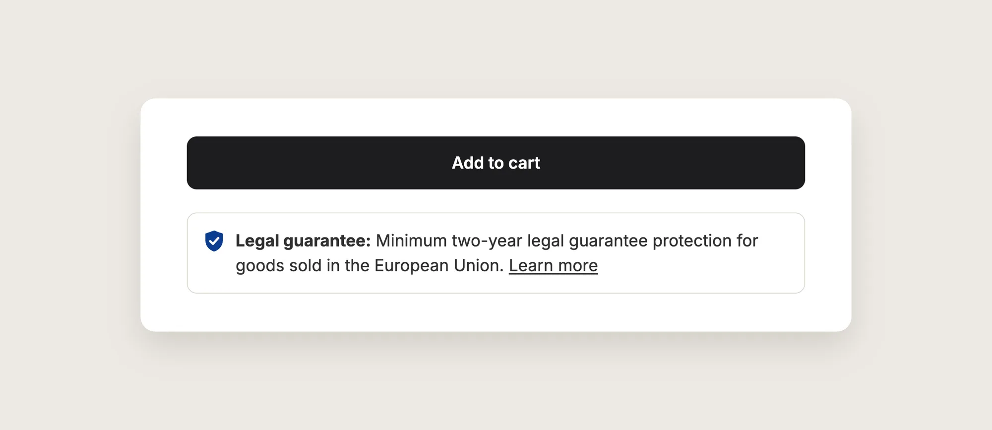 Close-up of the EU legal guarantee notice line under an Add to cart button, reading "Legal guarantee: Minimum two-year legal guarantee protection for goods sold in the European Union. Learn more"