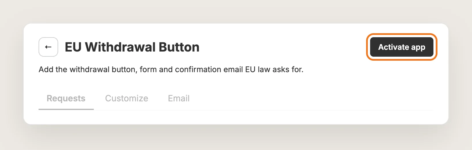 Vitals EU Withdrawal Button app page with the Activate app button highlighted