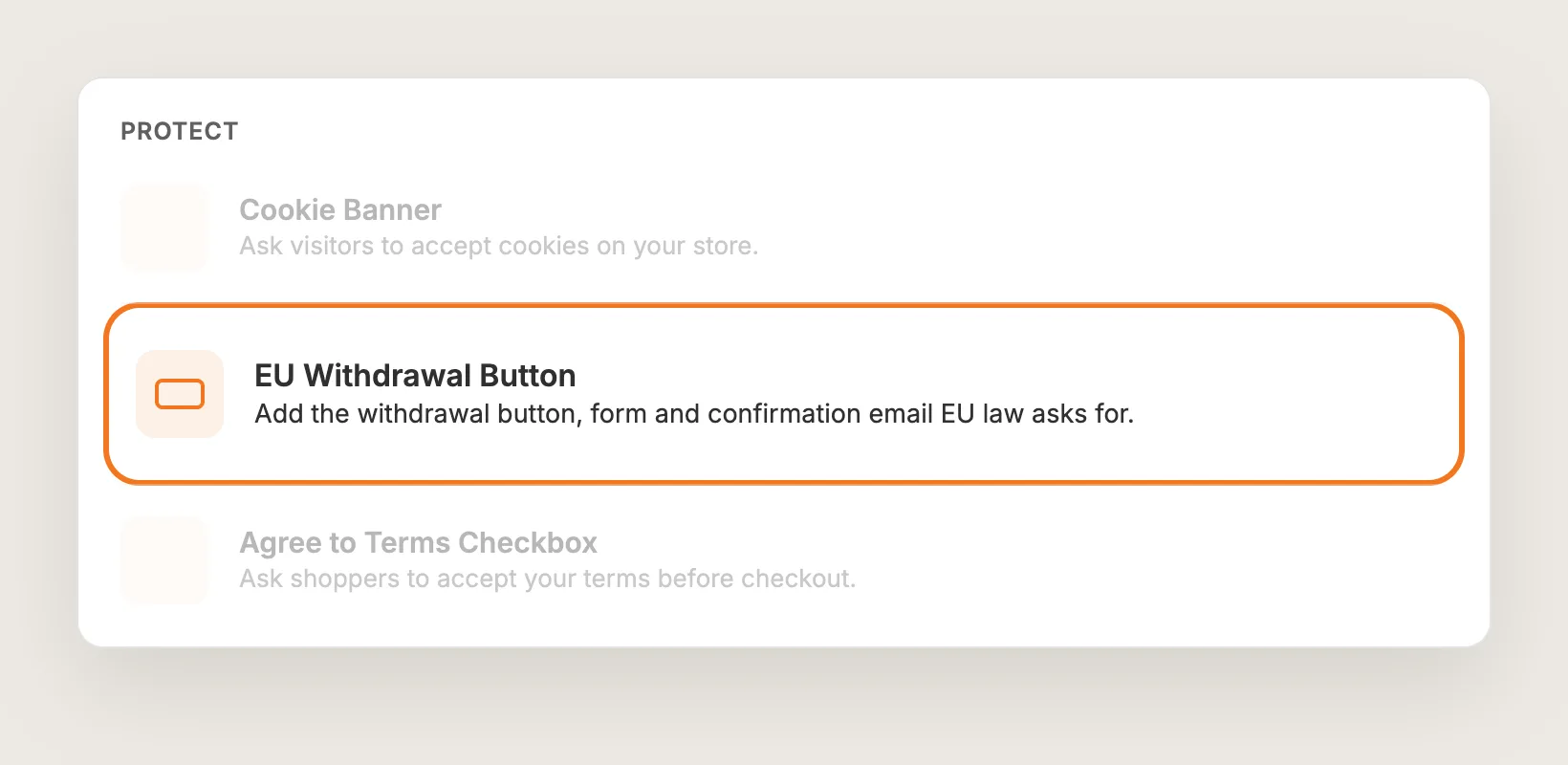 Vitals apps list with the EU Withdrawal Button row highlighted under Protect
