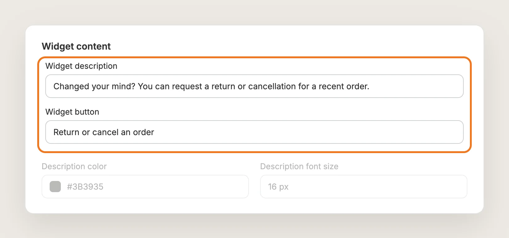 Widget content card with the Widget description and Widget button fields highlighted