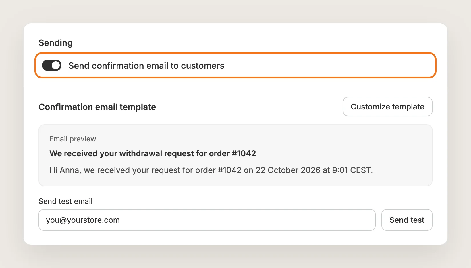 Email tab with the Send confirmation email to customers toggle highlighted, the email preview and the Send test email field