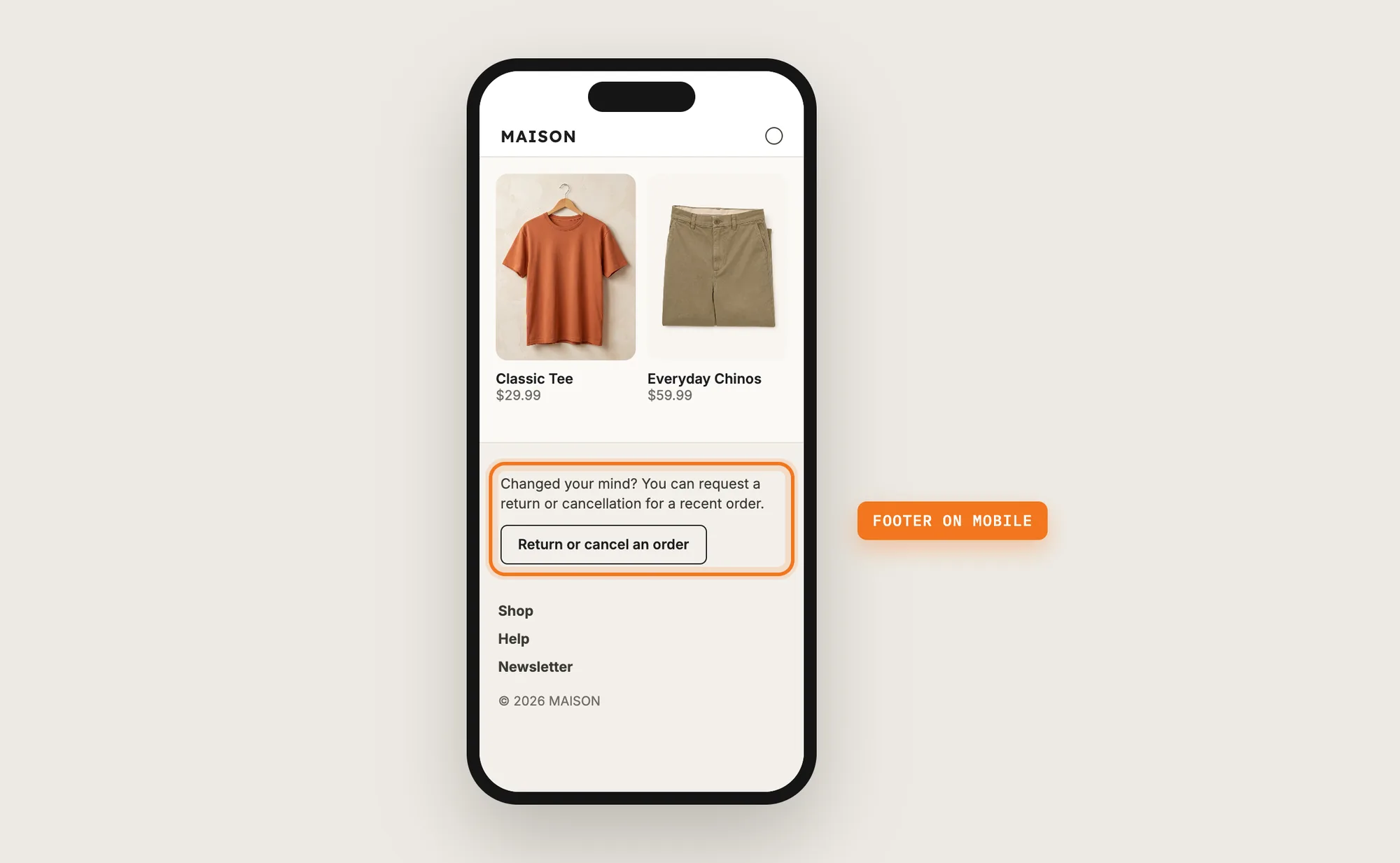 A phone showing a store footer with the EU withdrawal button highlighted above the footer menu