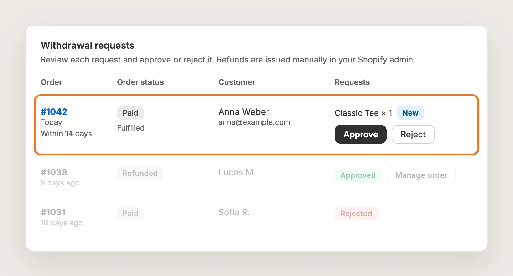 Withdrawal requests list with a New request highlighted and its Approve and Reject buttons