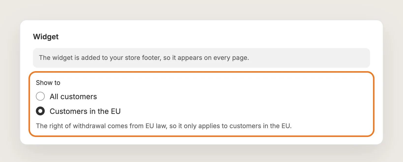 Widget card with the Show to setting set to Customers in the EU