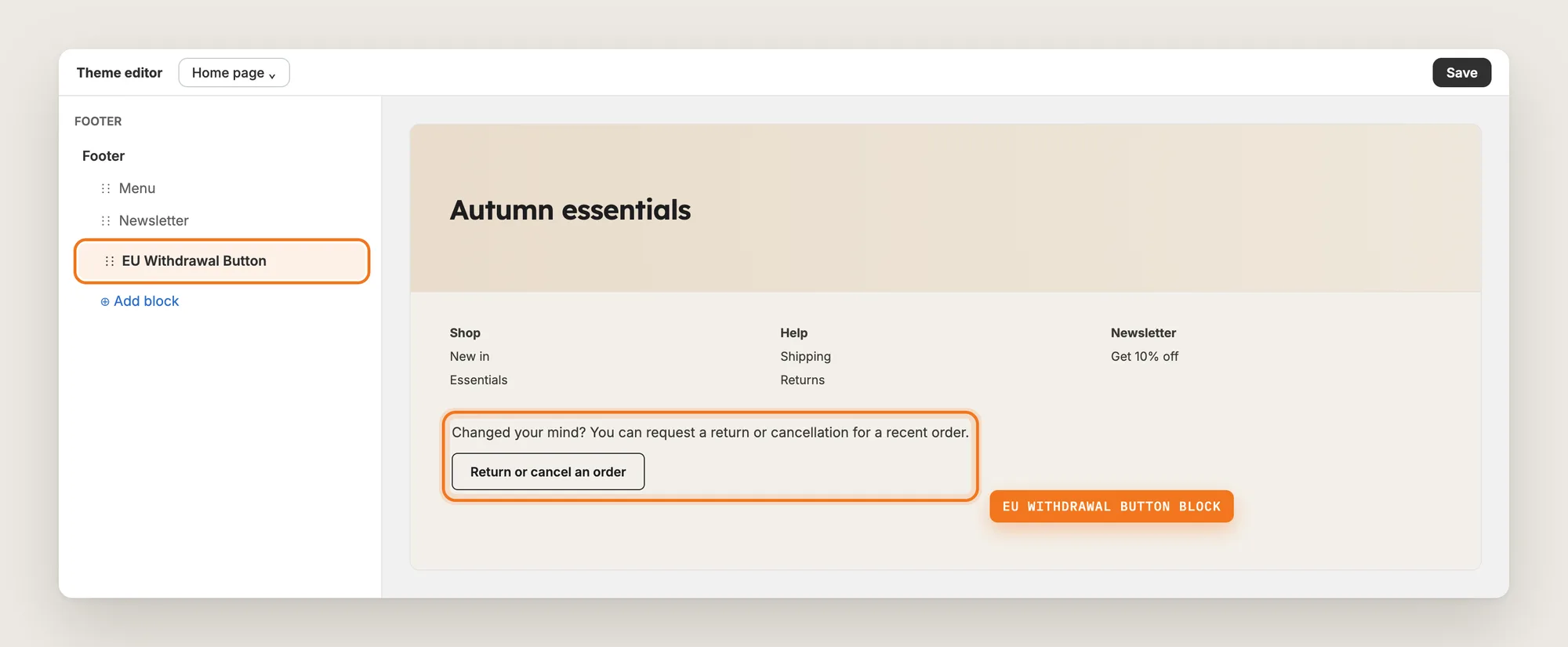 Shopify theme editor with the EU Withdrawal Button block highlighted in the footer section