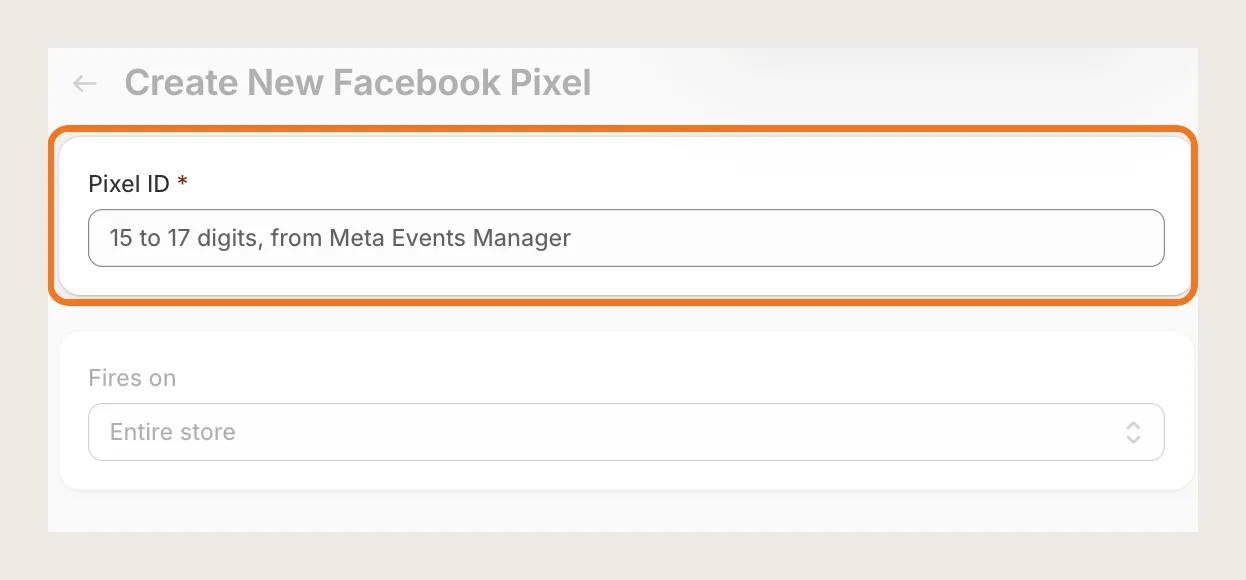 Create New Facebook Pixel page with the Pixel ID field highlighted