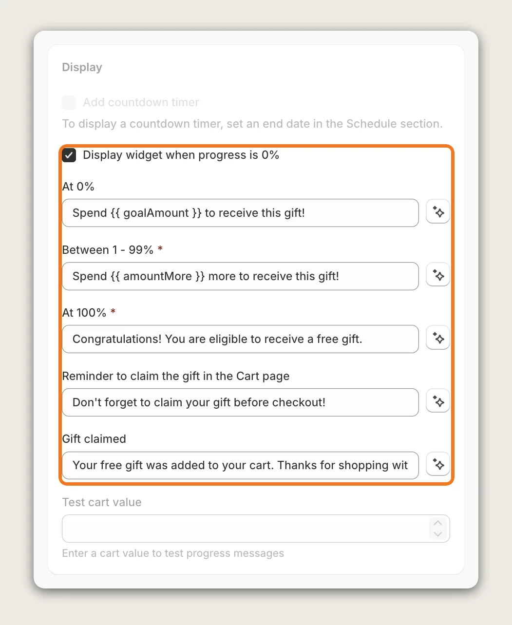 Display card with Display widget when progress is 0% ticked and the text for each stage highlighted