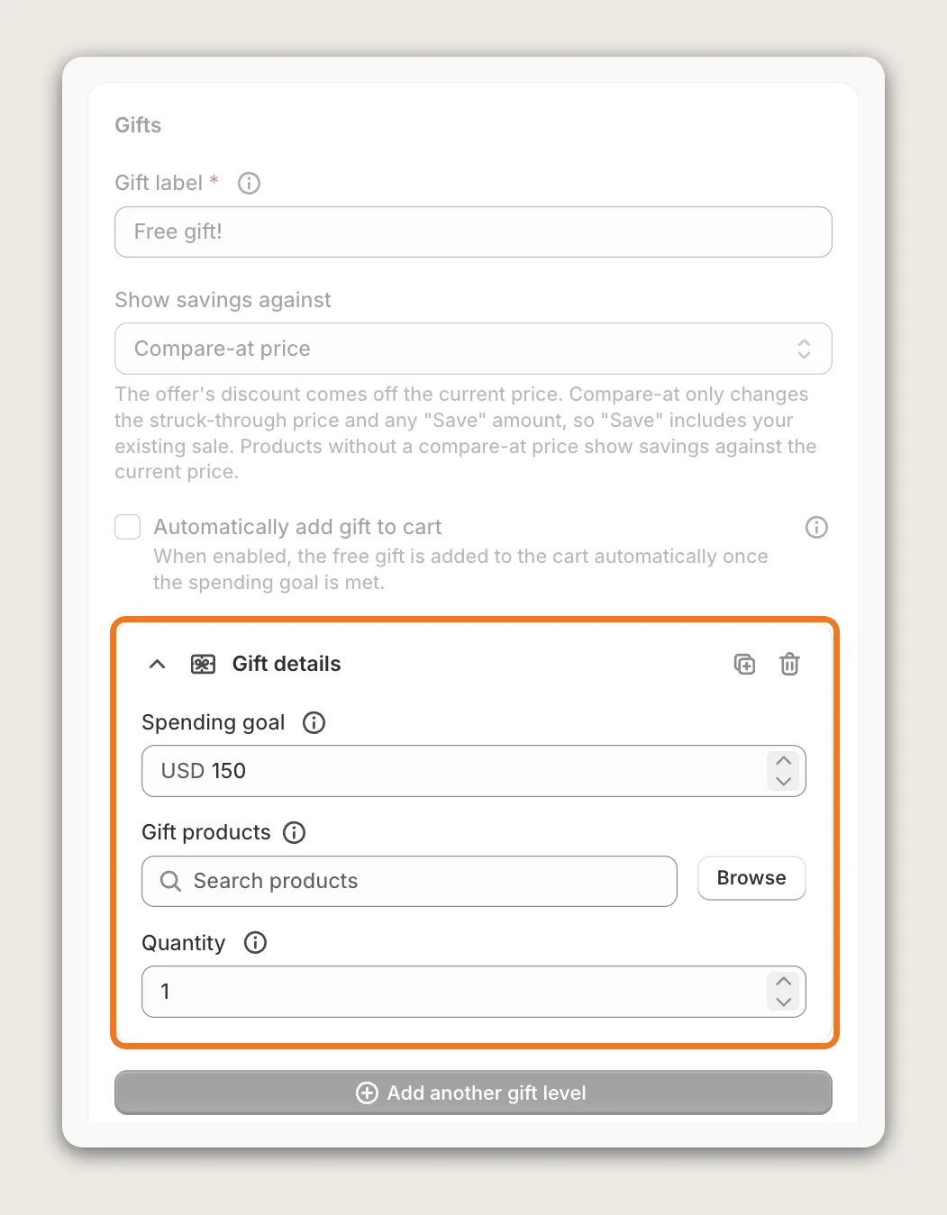 Gifts card with the Gift label, Show savings against, Automatically add gift to cart and the Gift details highlighted