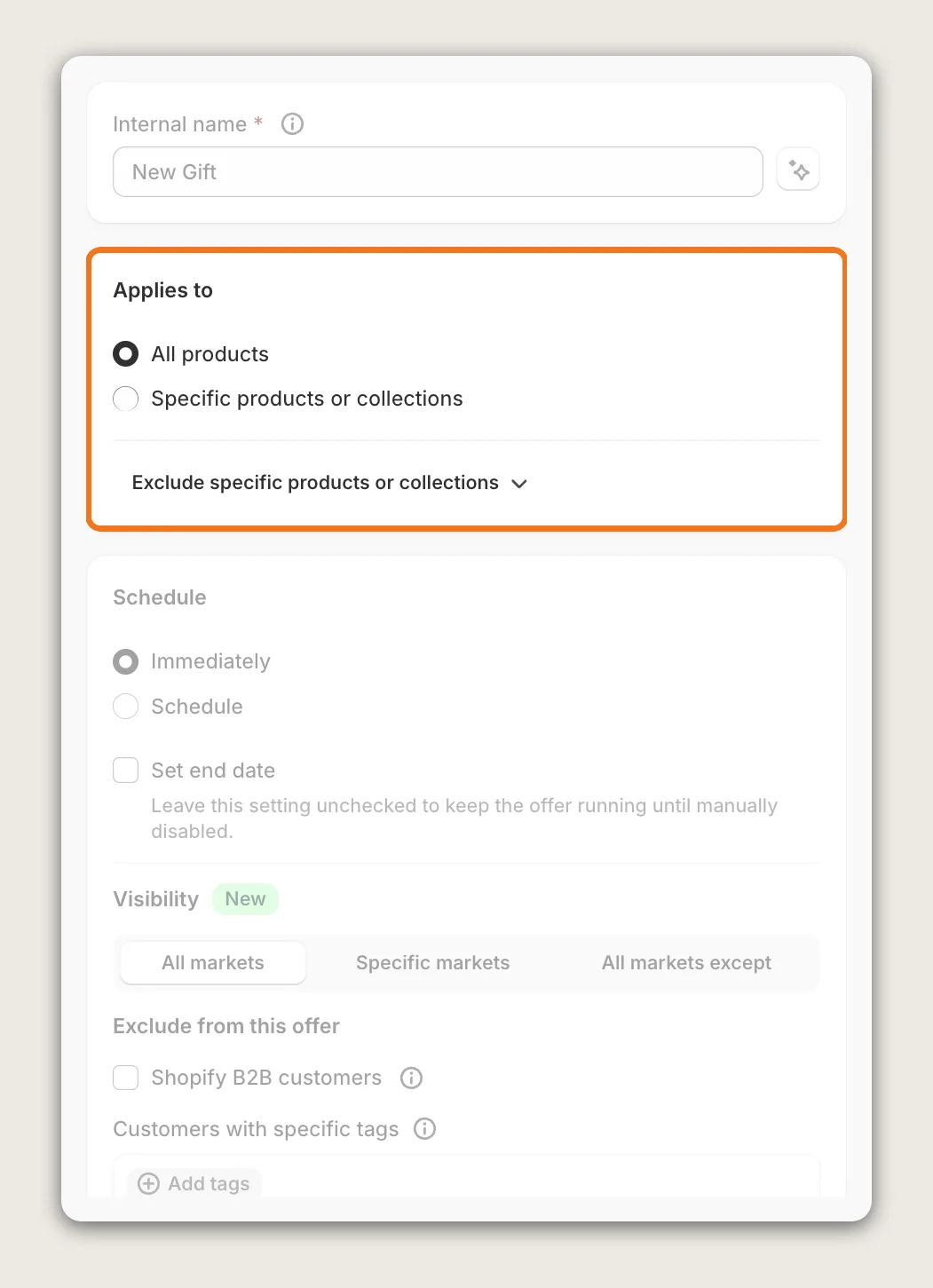 Gift offer editor with the Internal name, Applies to and Schedule cards, the Applies to card highlighted