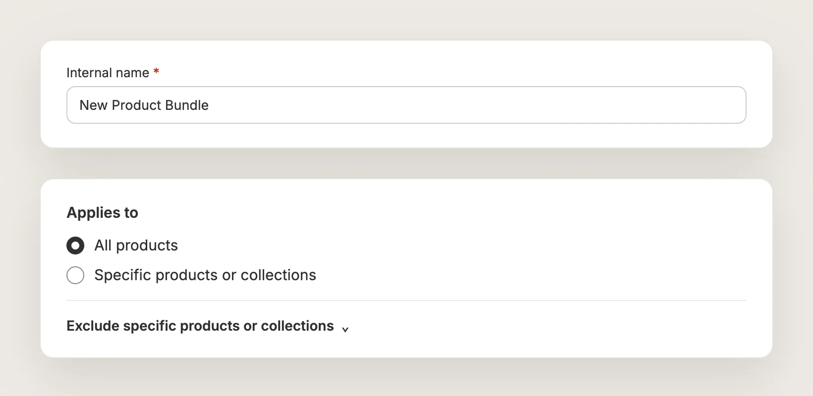 Vitals bundle editor Internal name and Applies to cards, with All products selected