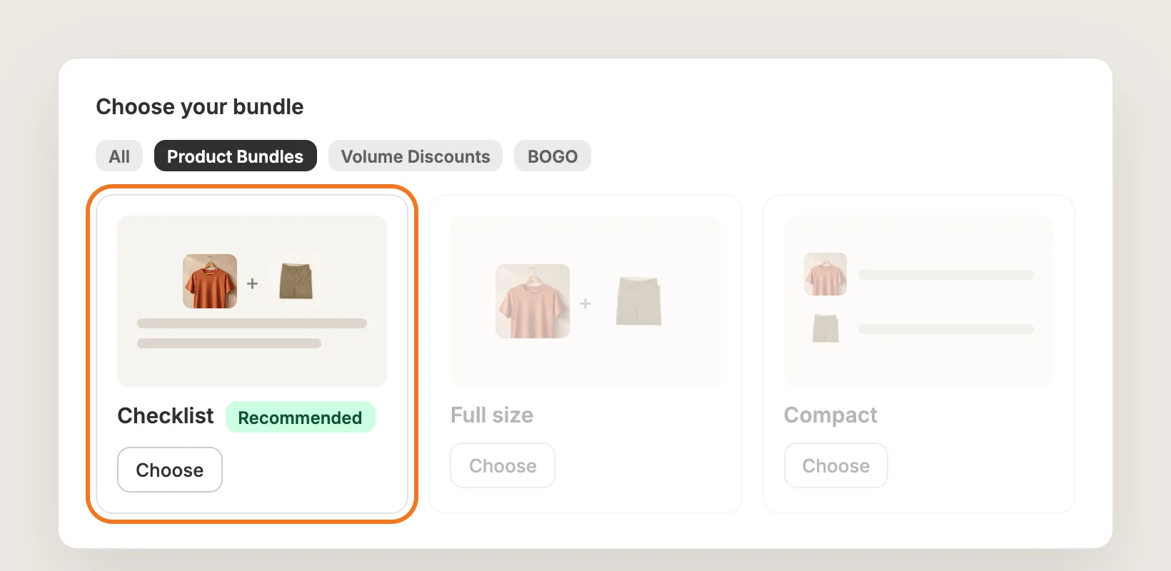 Vitals Choose your bundle page with the Checklist layout card highlighted