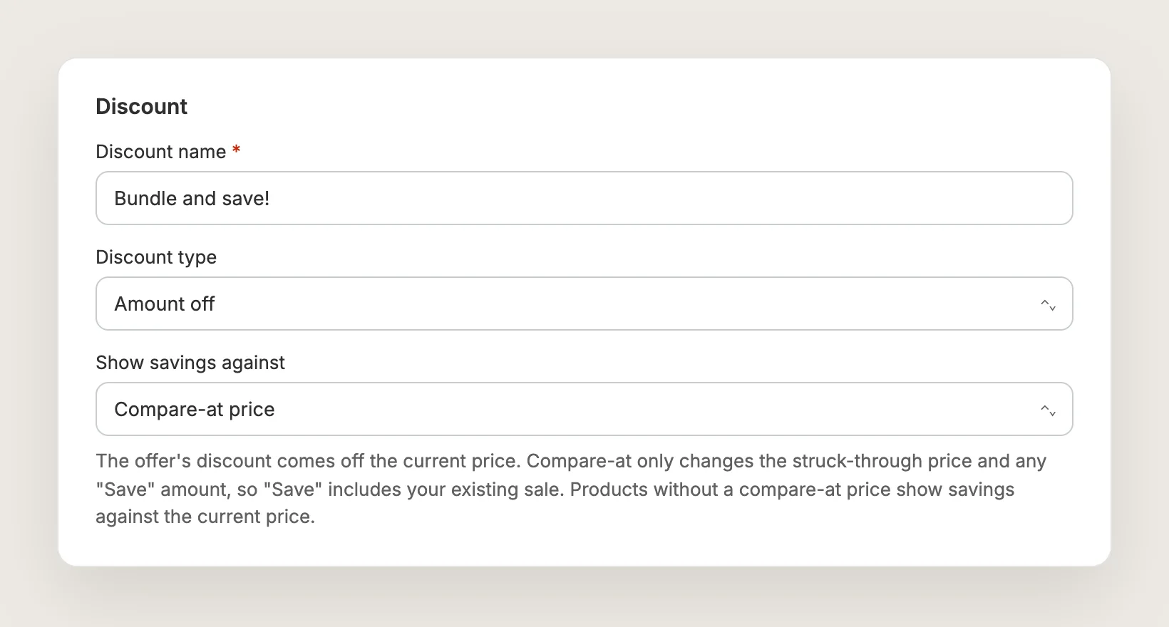 Vitals Discount card with Discount name, Discount type set to Amount off and Show savings against set to Compare-at price