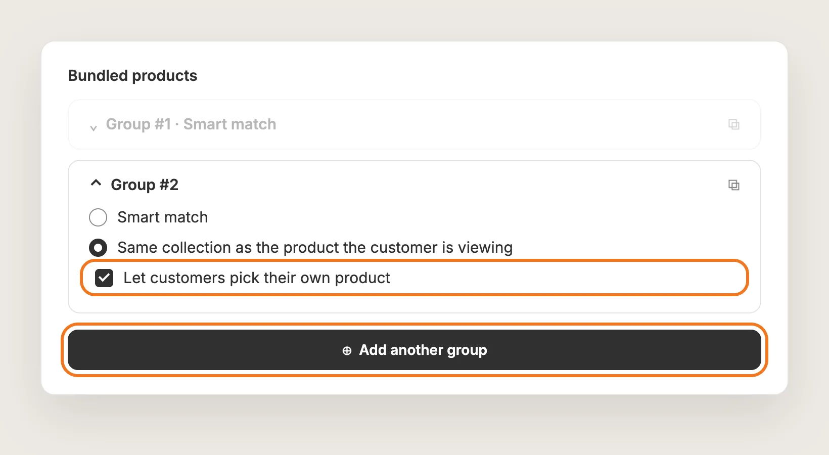 Vitals Bundled products card with Let customers pick their own product ticked and the Add another group button highlighted