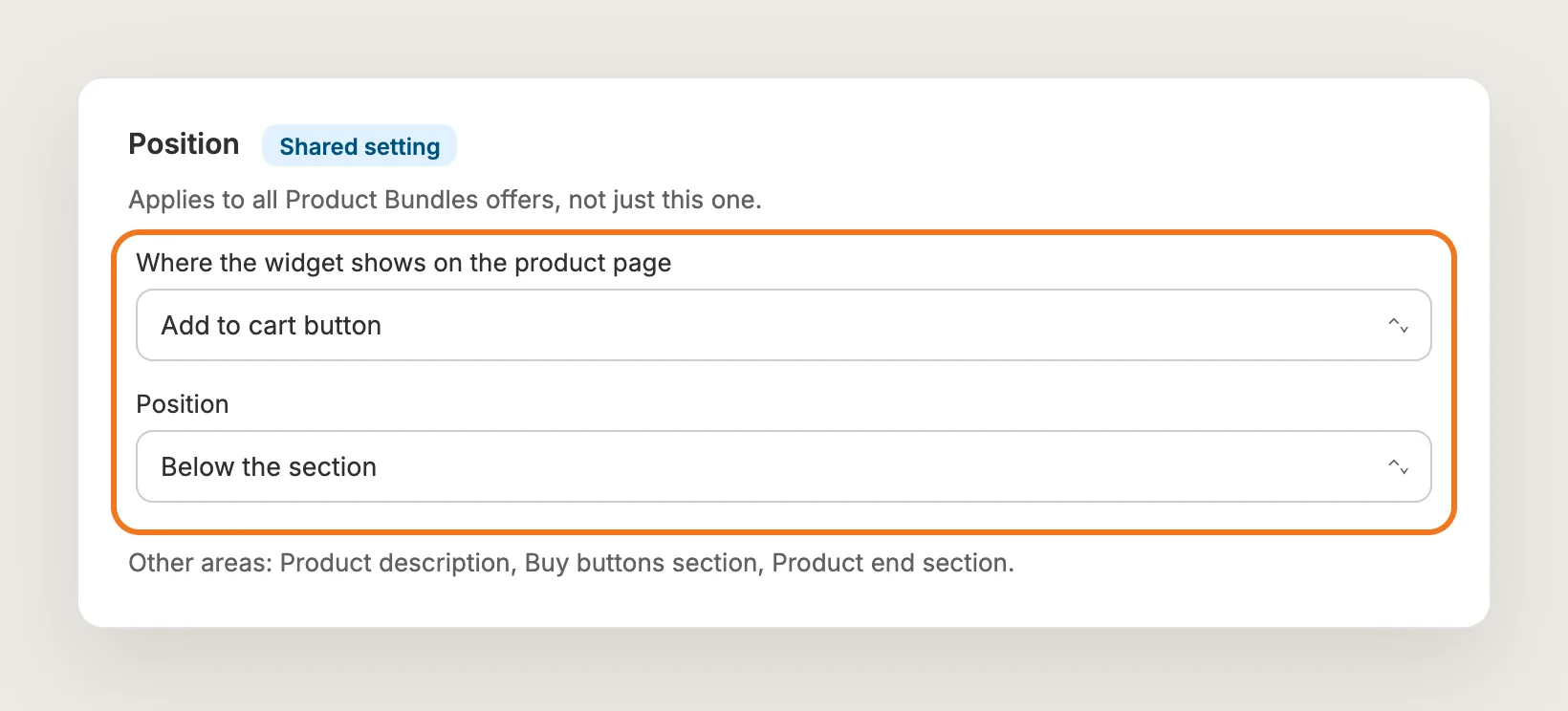 Vitals Position card with Where the widget shows on the product page set to Add to cart button and Position set to Below the section
