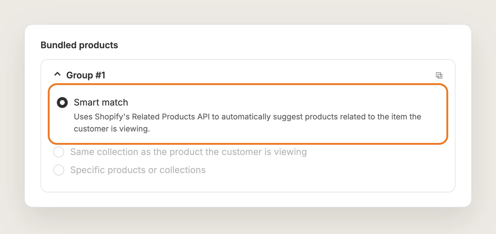 Vitals Bundled products card with Smart match selected in Group #1
