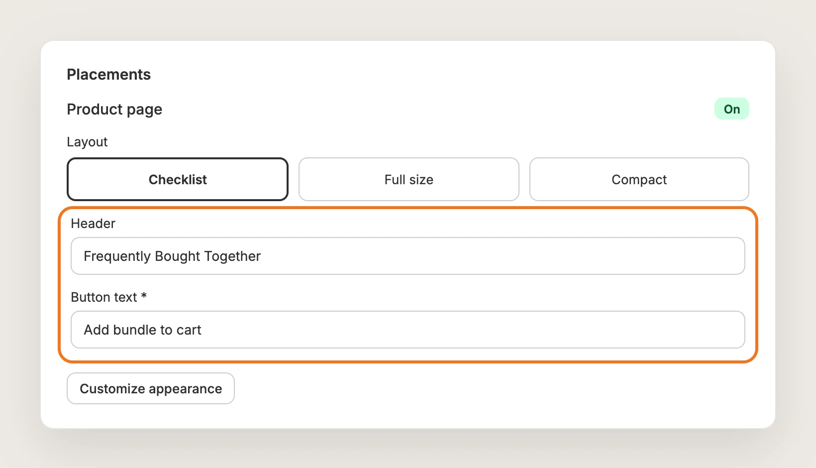 Vitals Placements card with the Checklist layout selected and the Header and Button text fields highlighted