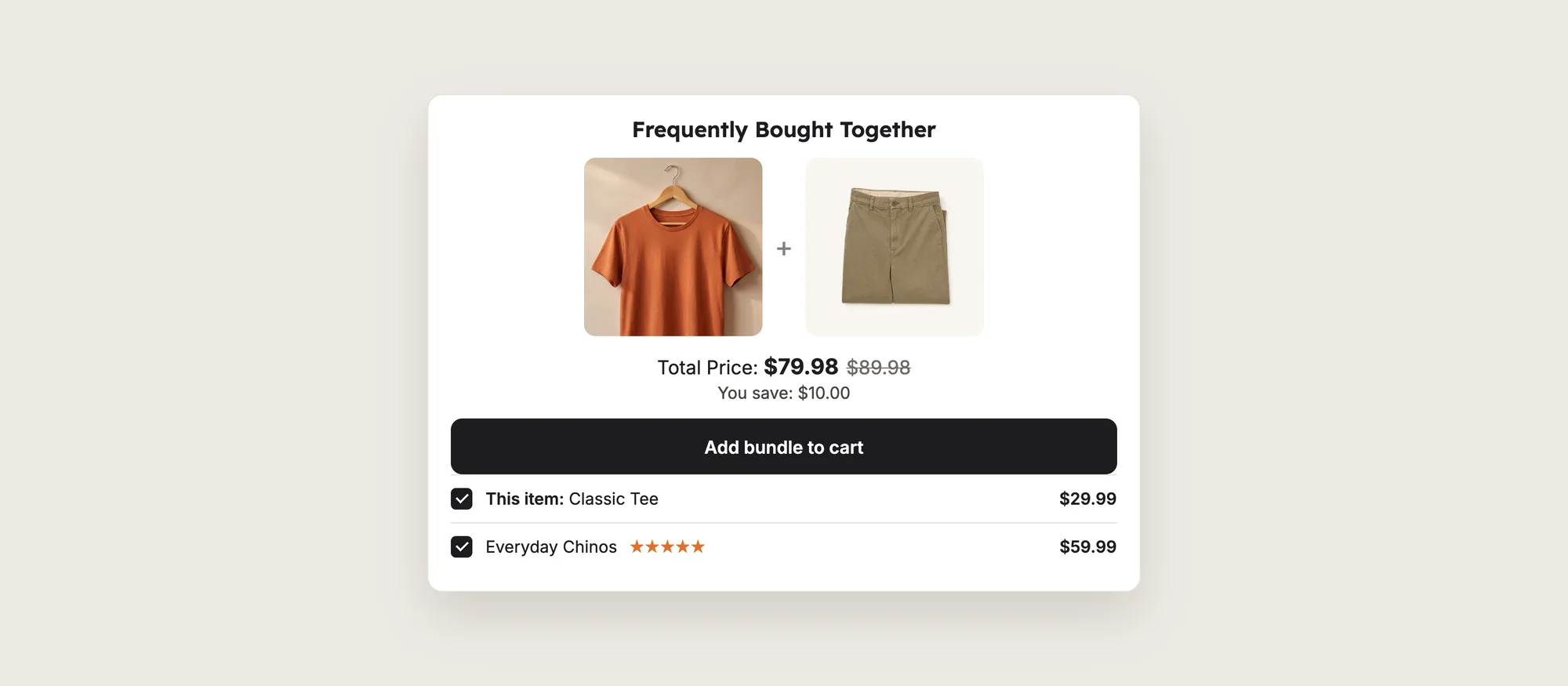Close-up of a frequently bought together block with a tee and chinos, the total price, the saving, an Add bundle to cart button and a checklist of both products