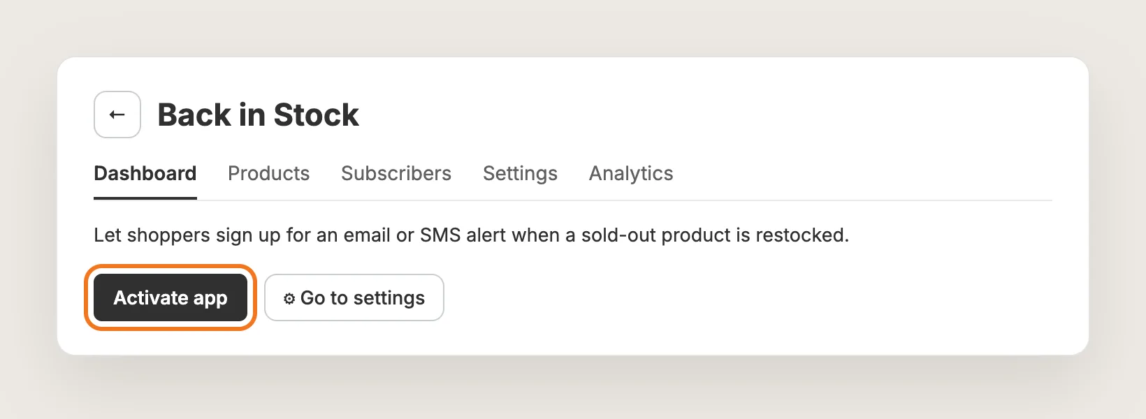 Vitals Back in Stock app page with the Activate app button highlighted