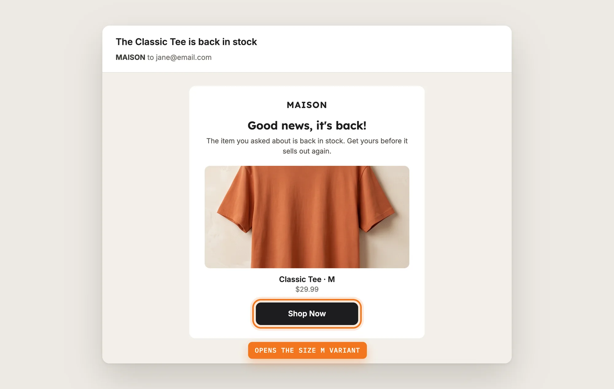 A restock alert email for the Classic Tee in size M with the Shop Now button highlighted