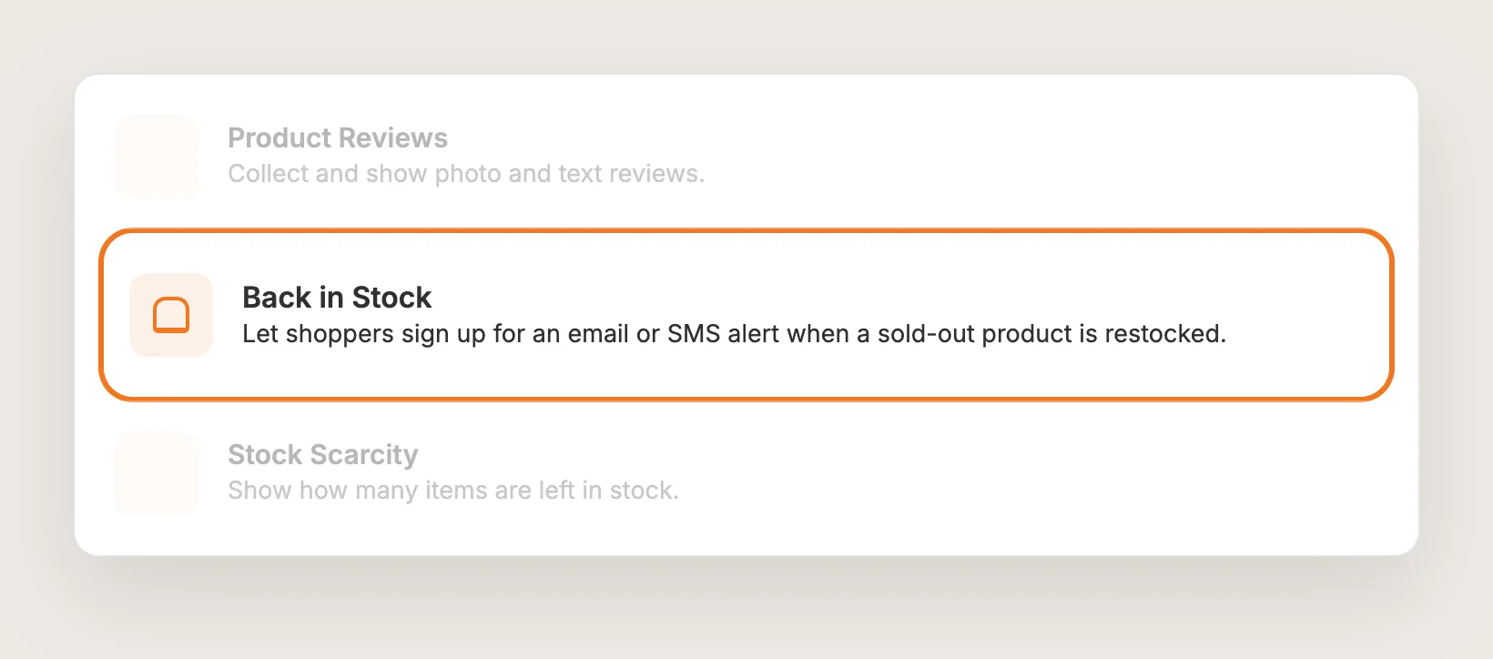 Vitals apps list with the Back in Stock row highlighted