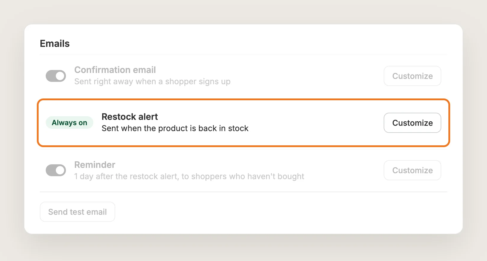 Emails card with the Confirmation email, Restock alert and Reminder rows, the Restock alert row highlighted
