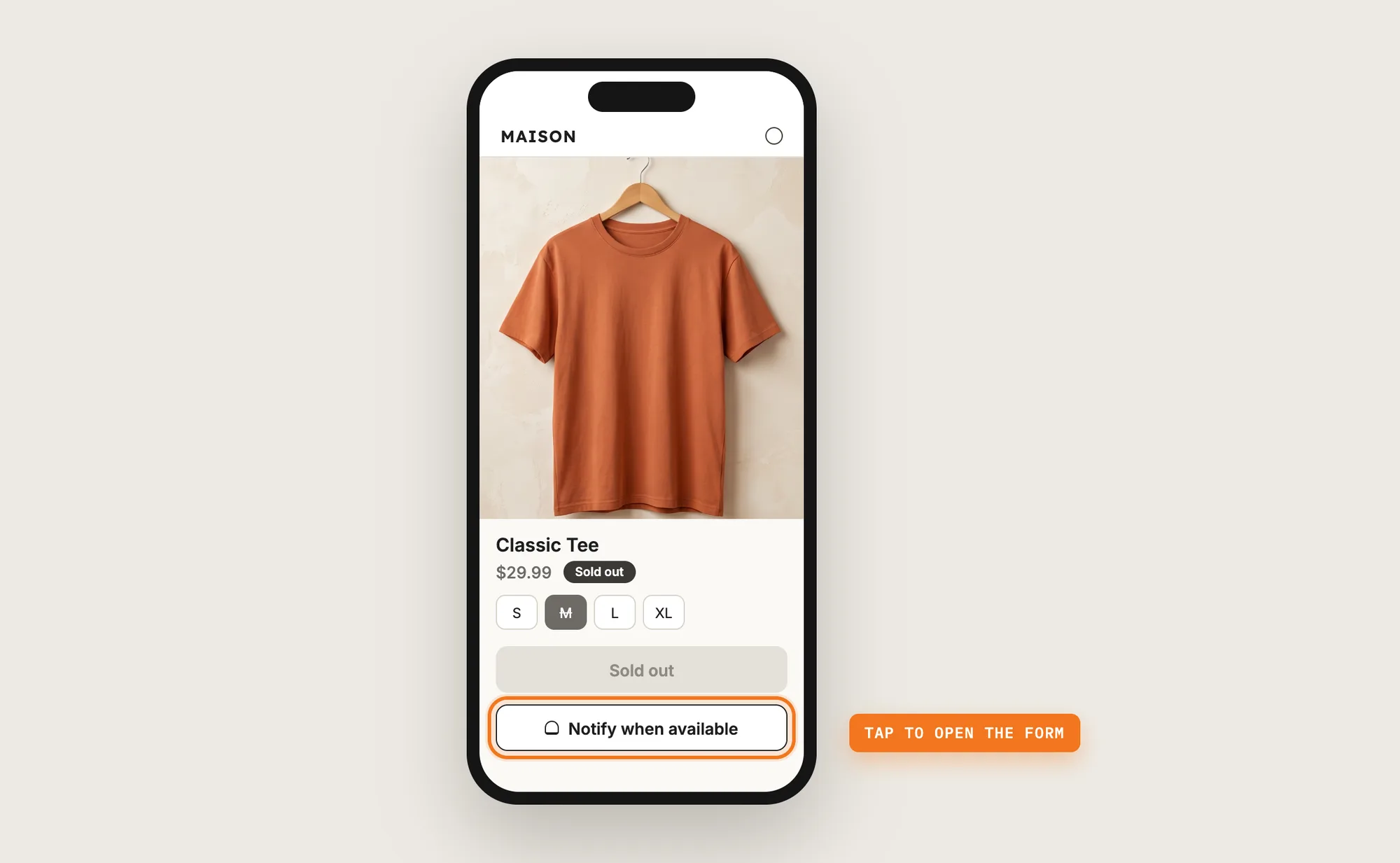 A phone showing a sold-out Classic Tee with the Notify when available button highlighted under the Sold out button