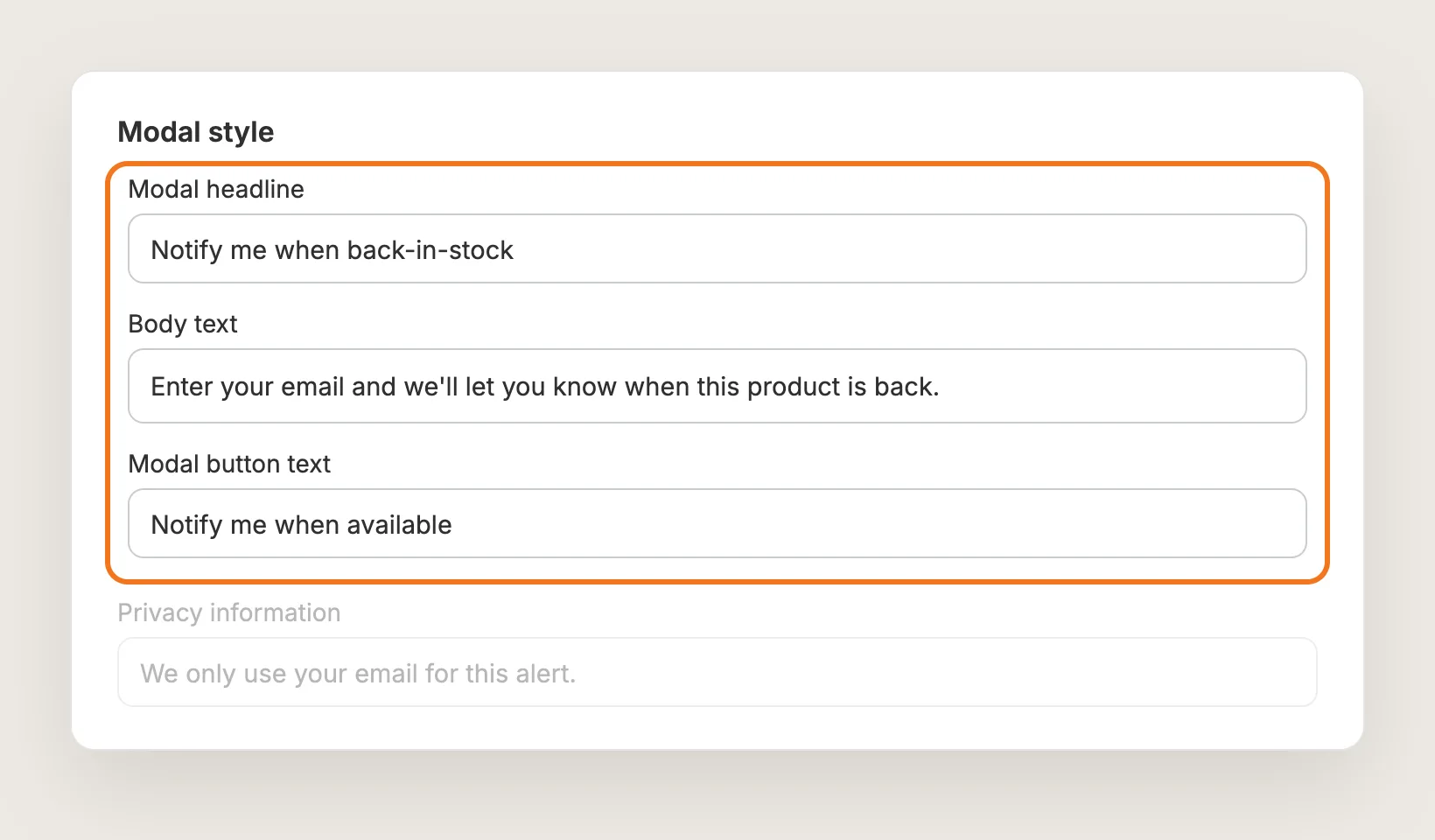 Modal style card with the Modal headline, Body text and Modal button text fields highlighted